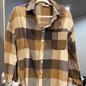 Cozy Plaid Button-Up Shirt Jacket in Brown and Cream